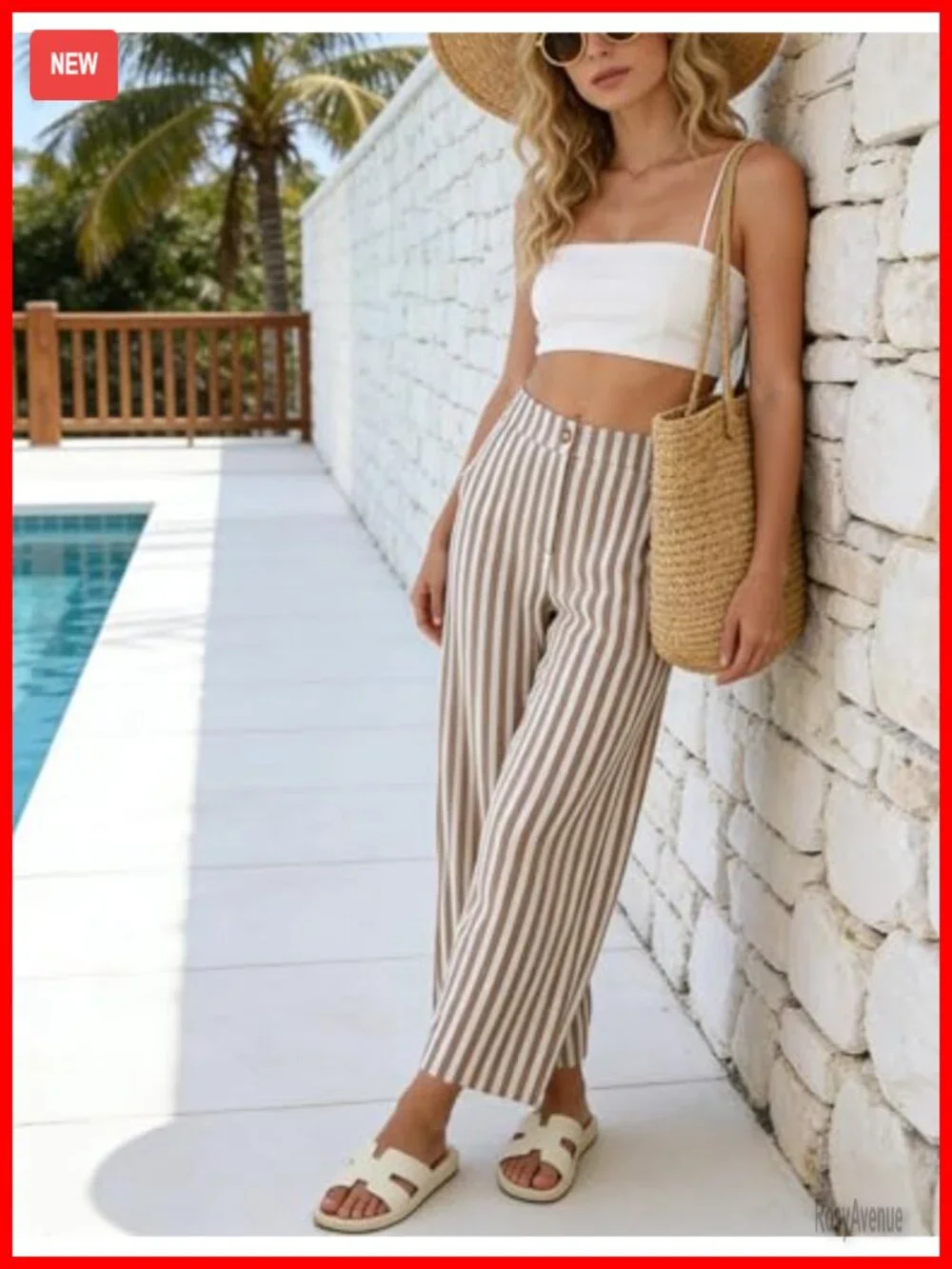 Striped Barrel Pants Wide Leg Palazzo Trousers High Rise Elastic Waist